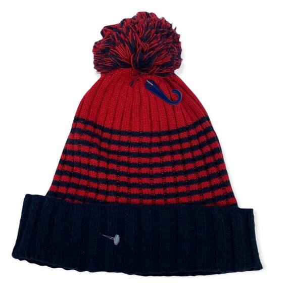 NEW Tommy Hilfiger Blue Red Striped Ribbed Knit Pom Pom Hat Toque Beanie Winter - Picture 7 of 7